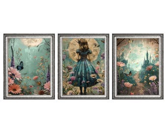 Set of 3  "Alice's Garden" Set 2 Wonderland Fantasy Art Prints, Museum Quality Giclee Art Reproductions  Unframed, Child's Room Wall Decor