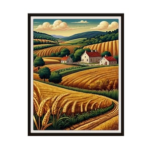 Printed Americana &quot;Colonial Wheatfield&quot;, American Folk Art,  Museum Quality Giclee  Fine Art Reproduction,  Scenery Landscape, Unframed