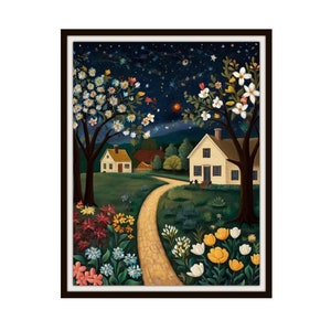Printed Americana &quot;Colonial Summer Night 2&quot;, American Folk Art,  Museum Quality Giclee  Fine Art Reproduction,  Scenery Landscape, Unframed