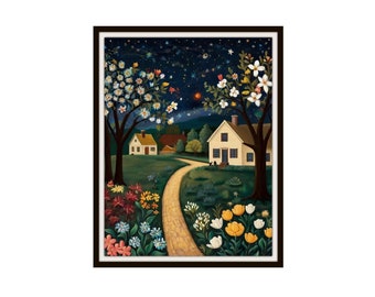 Tryckt Americana "Colonial Summer Night 2", amerikansk folkkonst, reproduktion av gicléekonst i museumskvalitet, landskap, oramad