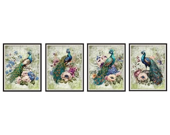 Set of 4 Peacocks on Green Ephemera Backgrounds  Art Prints,  Giclee  Fine Art Reproductions  8 x 10" or 11 x 14",  Unframed
