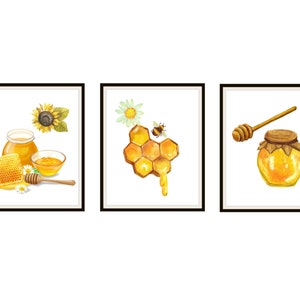 Gedrucktes Set von 3 Süßen Honig Aquarell Kunstdrucke, Bienen Honig und Blumen Wandkunst Poster, 8 x 10, ungerahmt