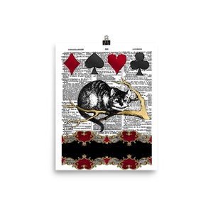 Alice in Wonderland Art Print Cheshire Cat on Vintage Dictionary Page Poster