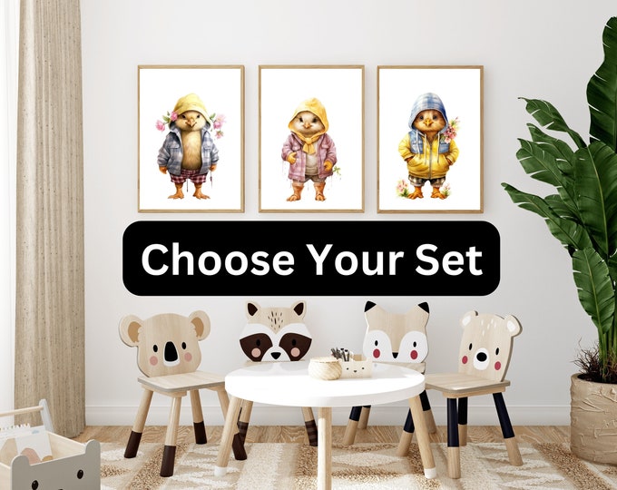 Set of 3 Customized "Animals in Jackets" Kid's Art Prints,  Choose Your Set, Child's Room Decor,  Museum Quality Giclee  Unframed Prints