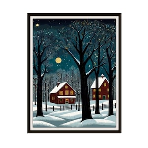 Printed Americana &quot;Colonial Winter Night 2&quot;, American Folk Art,  Museum Quality Giclee  Fine Art Reproduction,  Scenery Landscape, Unframed