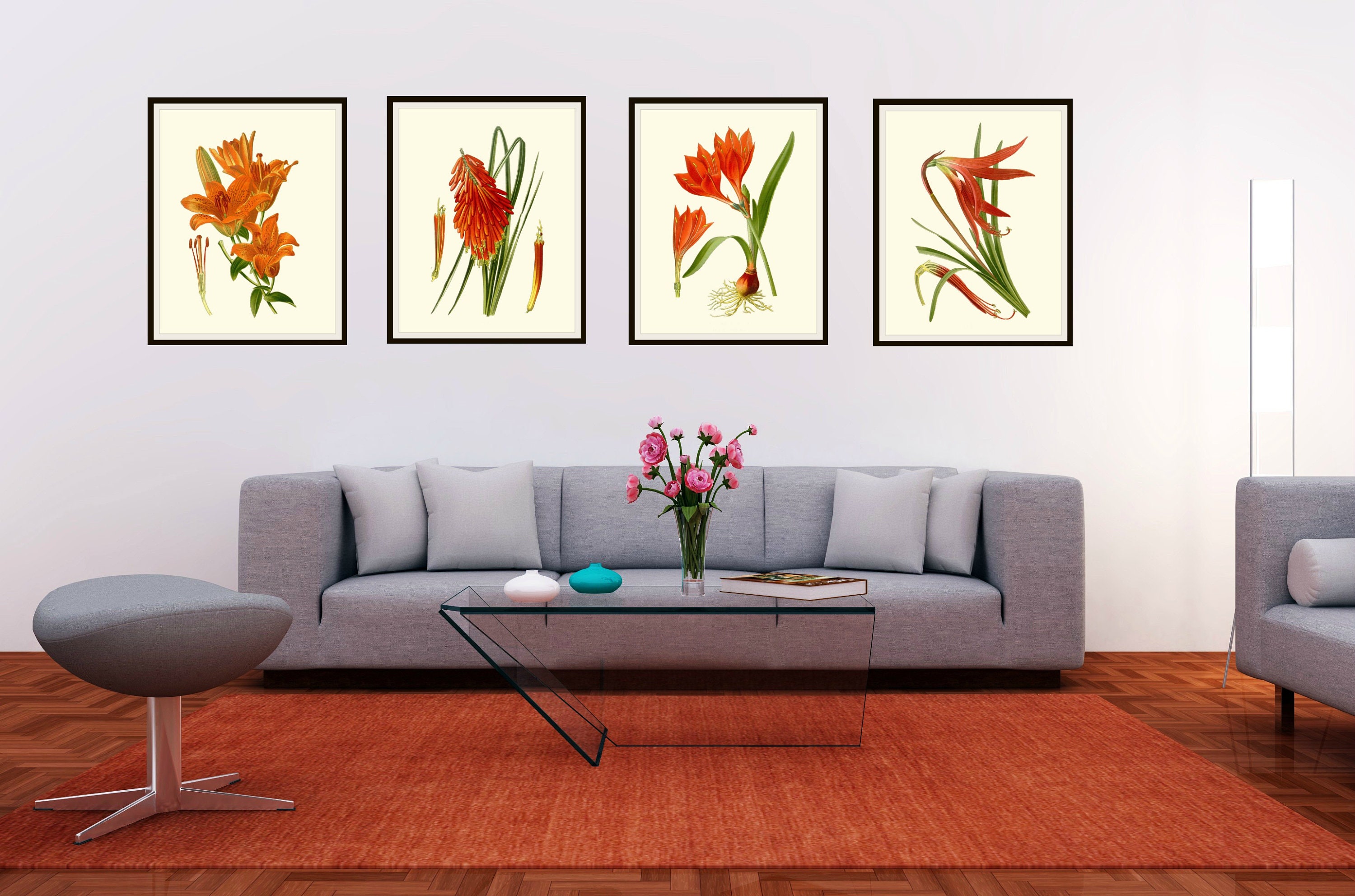 Set of 4 Vintage Botanical Art Print Poster Reproductions "red Orange ...