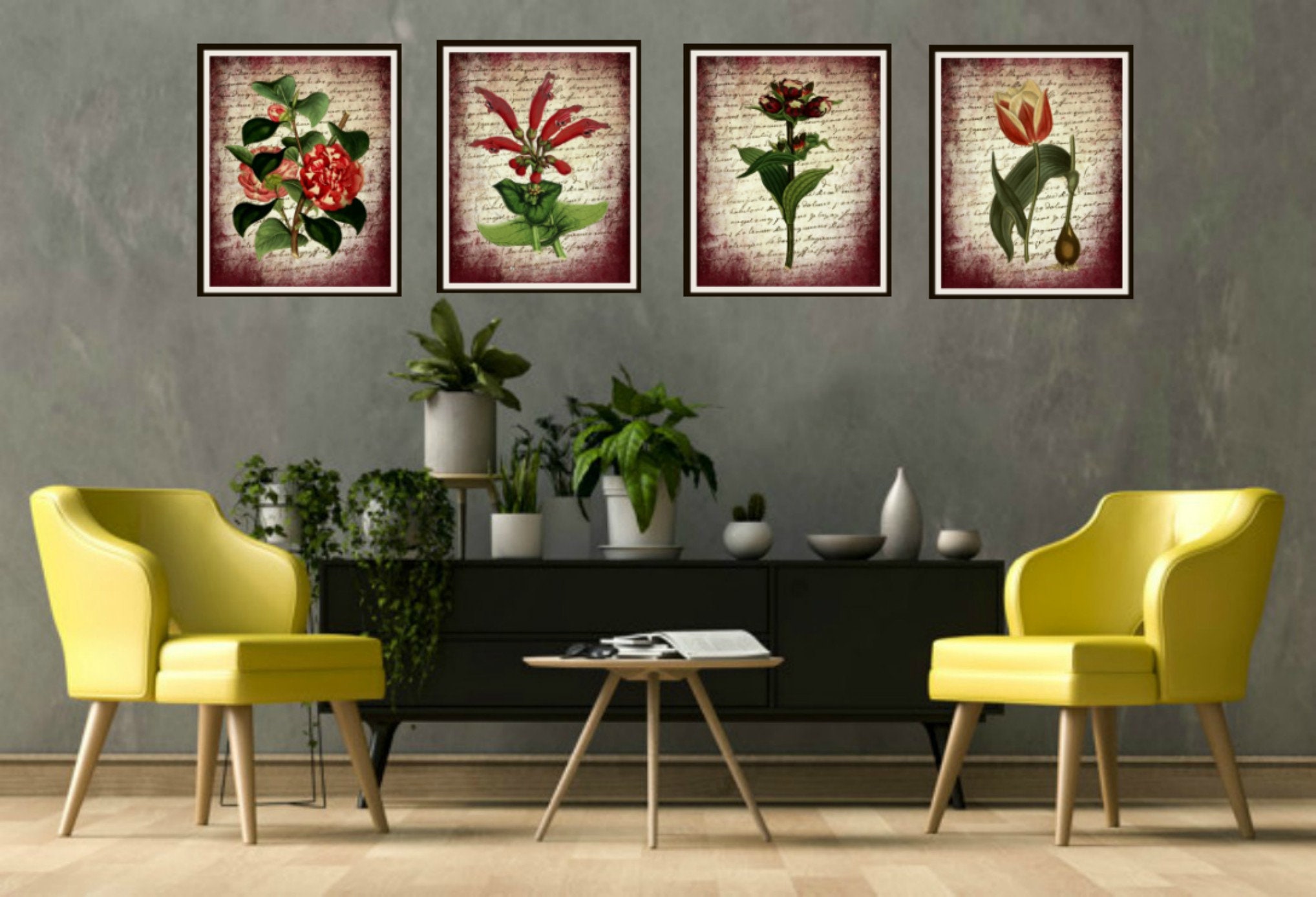 Set of 4 Vintage Botanical Art Print Poster Reproductions Red Flowers ...