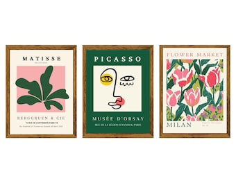 Printed: Matisse, Picasso, and Flower Market Art Print Set  of 3 – Modern Museum Poster Collection, Paris Gallery Wall Decor, Minimalist