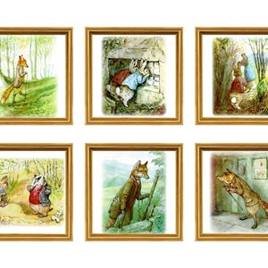 May include: Six framed illustrations featuring characters from Beatrix Potter's children's books. The illustrations depict a fox, a badger, and rabbits in various settings, including a forest, a house, and a garden.