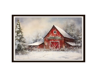 Crimson Haven Red Barn nas férias de inverno Impressão artística em aquarela Giclê Reprodução de belas artes sem moldura 11 x 17"