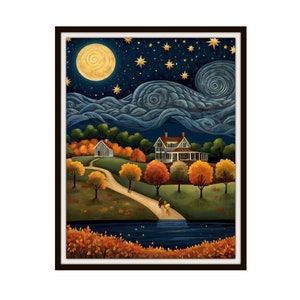 Printed Americana &quot;Colonial Autumn Night 2&quot;, American Folk Art,  Museum Quality Giclee  Fine Art Reproduction,  Scenery Landscape, Unframed