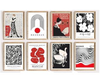 Printed:  Set of 8 Black and Red Vintage Art Print Set, Printed Gallery Wall Art, Bauhaus Inspired  Modern Art Collection, Unframed