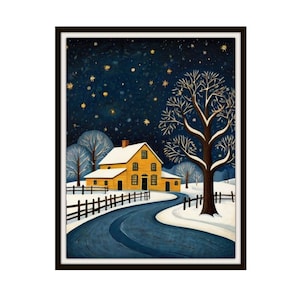 Printed Americana &quot;Winter Night Sky&quot;, American Folk Art,  Museum Quality Giclee  Fine Art Reproduction,  Scenery Landscape, Unframed