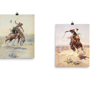 Set of 2 Charles Marion Russell &quot;The Bucker&quot; and &quot;Bad Hoss&quot;  Art Print Reproduction Poster, Cowboy  Western Posters, Unframed
