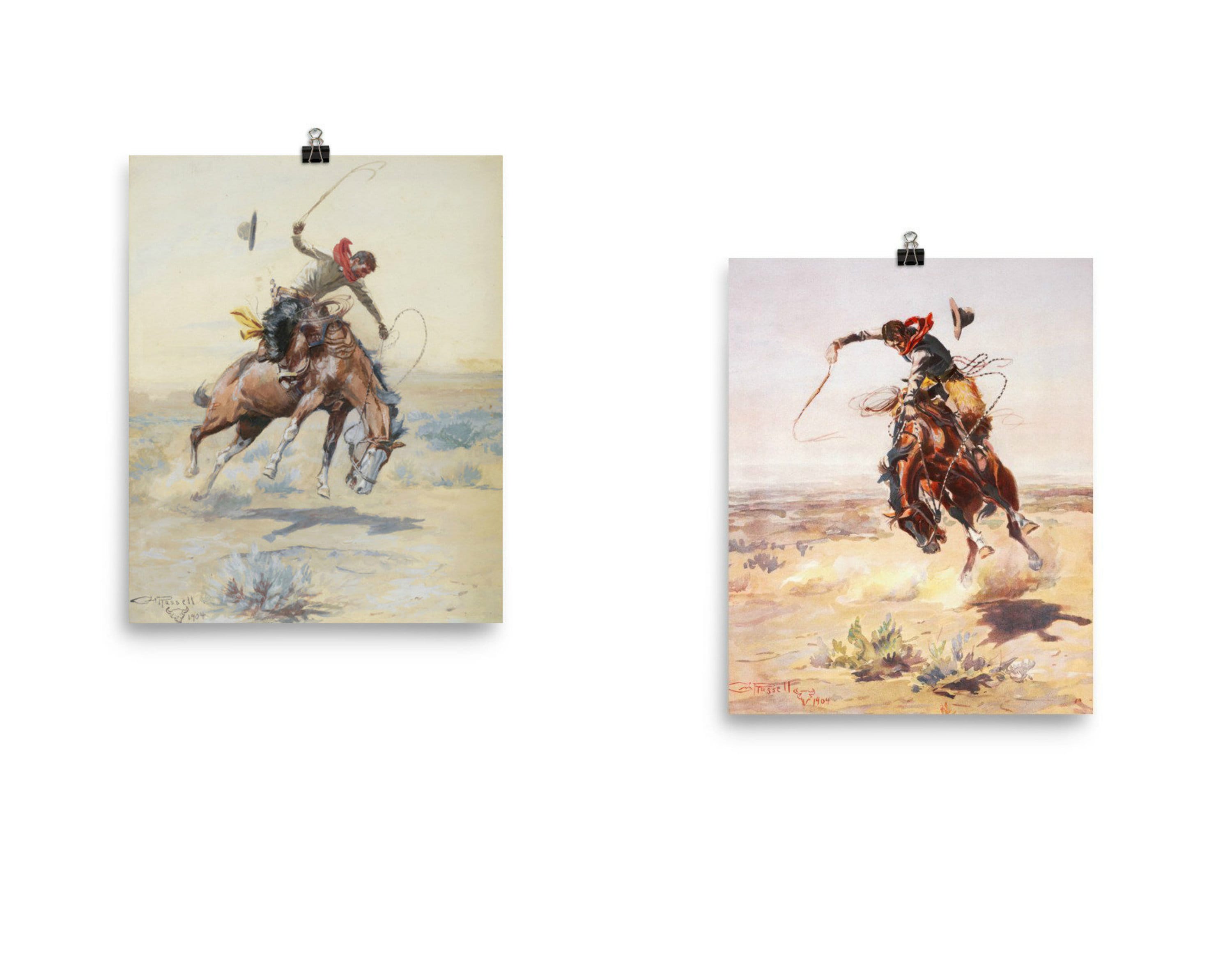 Set of 2 Charles Marion Russell "The Bucker" and "Bad Hoss" Art Print Reproduction Poster, Cowboy Western Posters, Unframed