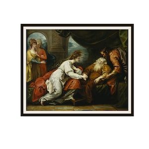 Puede incluir: Una pintura que representa una escena de la Biblia. Una mujer con un vestido blanco se arrodilla junto a un hombre que yace en una cama. Otra mujer se para detrás de ella, y un hombre con una túnica marrón se sienta junto a la cama. La pintura está ambientada en una habitación con un fondo oscuro y una ventana en el fondo.