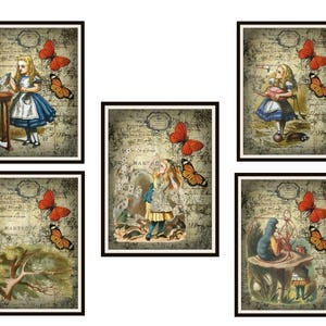 Set of 5 Vintage  Nursery Art Print Posters  Alice in Wonderland Ephemera Background, Baby Shower, Wall Decor  Unframed 8 x 10&quot;
