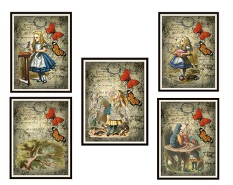 Conjunto de 5 Vintage vivero arte imprimir carteles Alicia en el país de las maravillas Ephemera fondo, baby shower, decoración de la pared sin enmarcar 8 x 10"