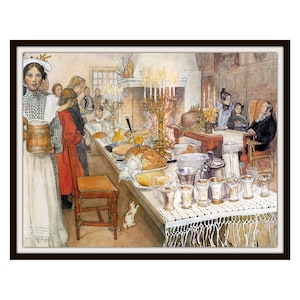 Może przedstawiać: Malowidło przedstawiające świąteczne spotkanie w ciepło oświetlonym pokoju. Stół jest zastawiony jedzeniem i napojami, w tym dużym pieczeniem, dzbanem mleka i rzędem szklanek. Ludzie gromadzą się wokół stołu, niektórzy stoją, inni siedzą. Kot siedzi na podłodze w pobliżu stołu. Scena przypomina tradycyjne świętowanie Bożego Narodzenia.