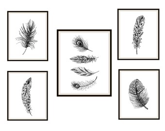 Set of 5 Black Feathers Art Print Poster,  Unframed Boho Prints, Farm House Art, Beach House Ocean Art Prints, Feather Prints Wall Decor