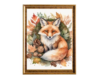 Impressão artística em aquarela "Raposa de Outono" I Reprodução de impressão artística para decoração de parede I Impressões artísticas em giclée com qualidade de museu, sem moldura | Decoração de outono