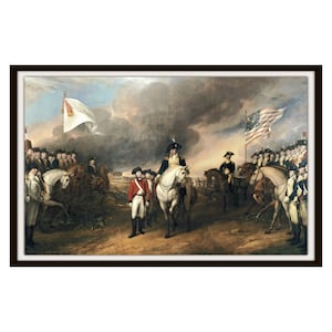 May include: A painting depicting General George Washington on horseback, leading a group of soldiers in a military formation. The soldiers are dressed in red and blue uniforms, and they are holding muskets. The painting is set against a backdrop of a cloudy sky, and there are two flags in the background, one American and one white.