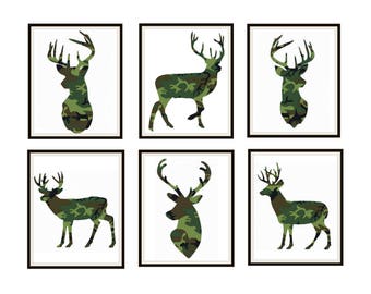 Set of 6 Camouflage Print Silhouette Deer Poster Art Prints 8 x 10" or 11 x 14" Wall Decor Deer Prints