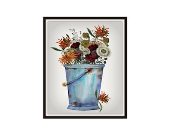 Vintage Watercolor "Bouquet of Flowers in an Old Bucket" Reproduction Giclee Art Prints Unframed 5 x 7",  8 x 10" or 11 x 14" Kitchen Art