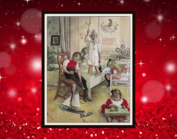 カール・ラーション、クリスマスの朝、希少画集画、新品額装付、状態良好 カール・ラーソン「クリスマスの朝」ジクレー アート プリント、額なし
