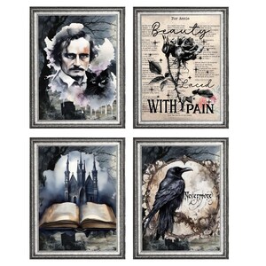 Set of 4 Edgar Allan Poe Gothic Halloween Art Print Posters 6, Wall ...