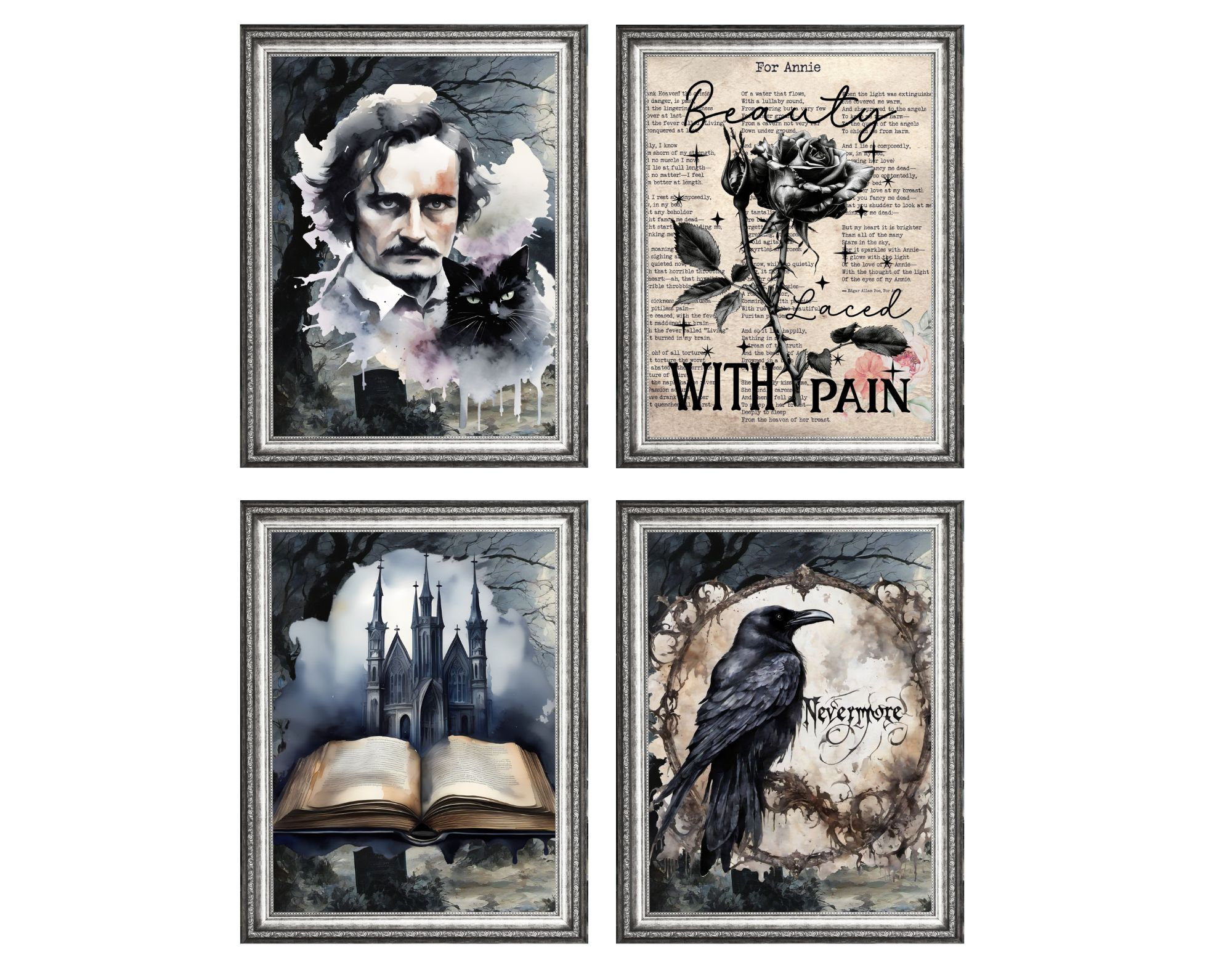 Set of 4 Edgar Allan Poe Gothic Halloween Art Print Posters 6, Wall ...