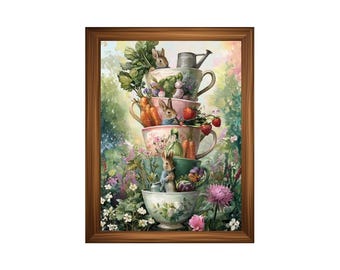 Printed Peter Rabbit Cottagecore Poster | Choose Your Bunny Tea Cup Garden Print |Whimsical Storybook Rabbit Wall Art
