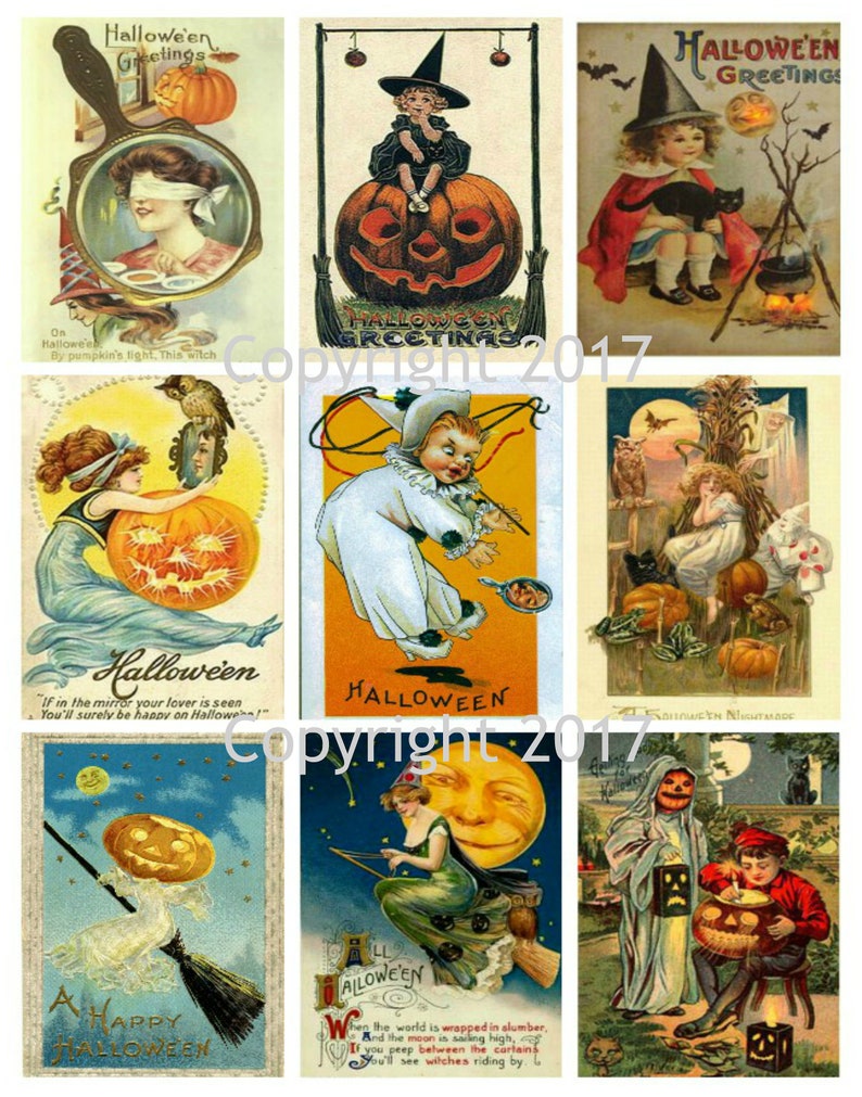 Printed Vintage Victorian Halloween Collage Sheet 8.5 x 11 Printed Sheet, Vintage Halloween Cards Collage sheet image 1