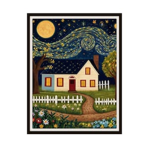 Printed Americana &quot;Colonial  Spring Night&quot;, American Folk Art,  Museum Quality Giclee  Fine Art Reproduction,  Scenery Landscape, Unframed