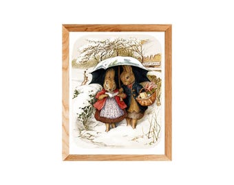 Printed Vintage Victorian Beatrix Potter Bunnies in Winter  Art Print, Giclée Print – Cottagecore Wall Art ,  Nursery, Shower Gift, Baby