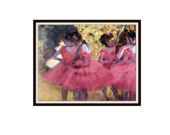 May include: A painting of five young dancers wearing pink tutus and red flowers in their hair. The dancers are posed in a line, with the one in the front looking at the viewer. The background is a blurred image of trees and a golden sky.