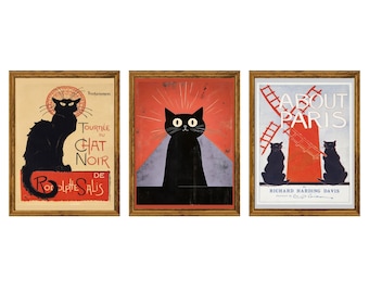 Printed: Set of 3 Vintage Black Cat Poster Set – French Art Nouveau & Retro Graphic Cat Prints | Paris Wall Art Collection | Unframed