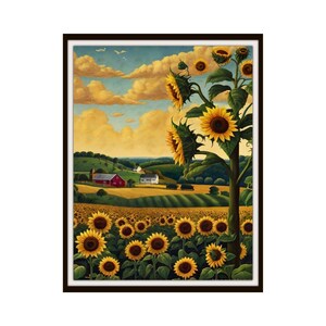 Printed Americana &quot;Sunflower Field&quot;, American Folk Art,  Museum Quality Giclee  Fine Art Reproduction,  Scenery Landscape, Unframed