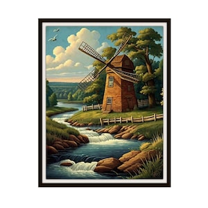 Printed Americana &quot;Windmill by the River&quot;, American Folk Art,  Museum Quality Giclee  Fine Art Reproduction,  Scenery Landscape, Unframed