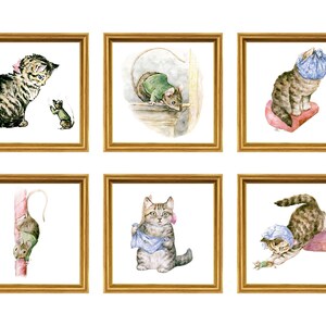 Peut inclure: Six illustrations encadrées d'un chat et d'une souris. Le chat est représenté dans différentes poses, notamment assis, debout et couché. La souris est représentée dans différentes positions, comme grimper à un poteau et s'enfuir du chat.