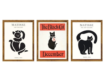 Printed: Set of 3 Vintage Black Cat Art Print Set  – Matisse Inspired Minimalist Cat Posters & Antique French Illustration Trio | Unframed
