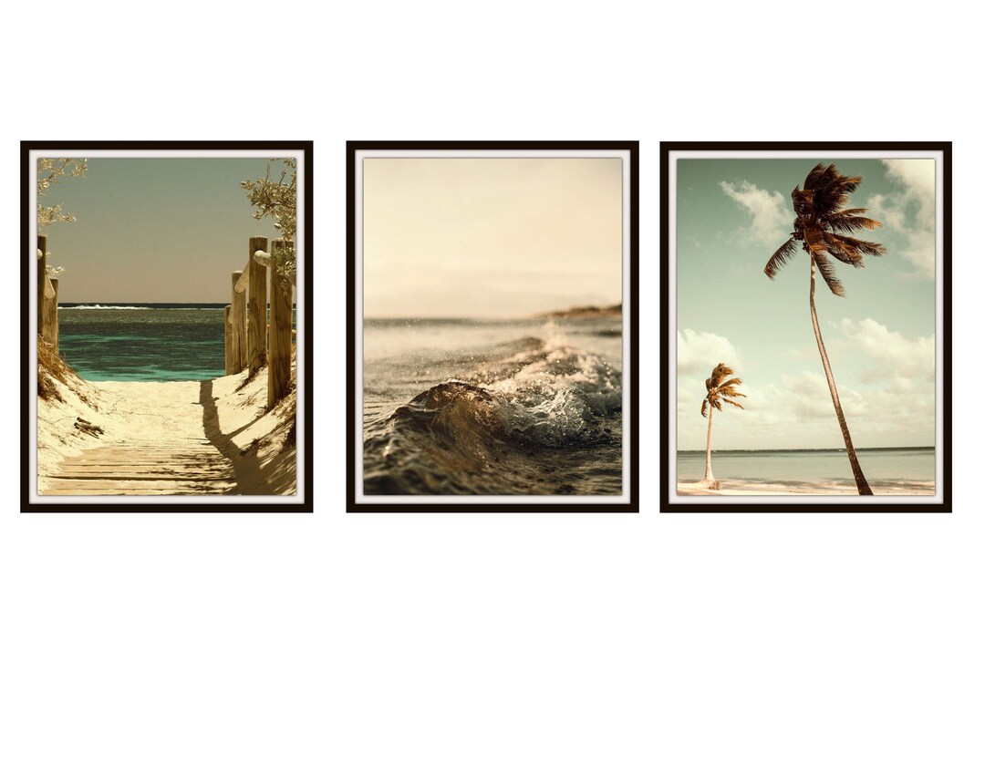 Set of 3 Rustic Beach Coastal Wall Art Giclee Art Prints, Beach House