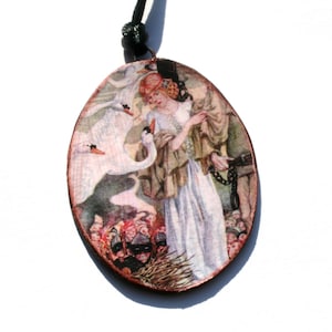 The Swan Princess Reversible Pendant.  Vintage Image by Anne Anderson.  Hand Made Paper Pendant