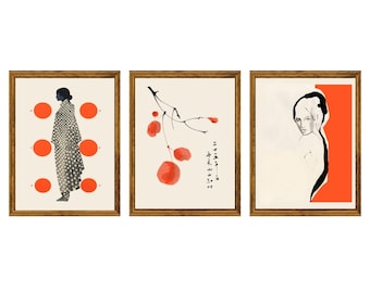 Printed: Set of 3 Curated Modern Zen Minimalist Art Print Set – Abstract Portrait, Botanical Ink & Geometric Figure Wall Art | Unframed