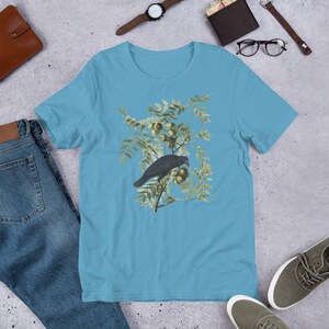 May include: A light blue t-shirt with a vintage illustration of a black crow perched on a branch with green leaves and yellow berries.