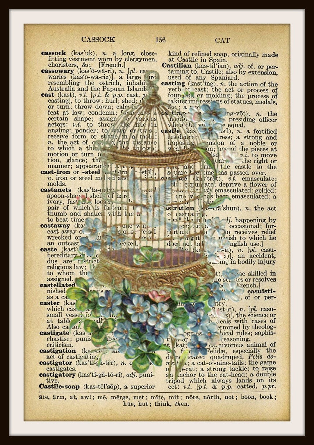 Vintage Art Print Birdcage on Ephemera Dictionary Page , Print Wall