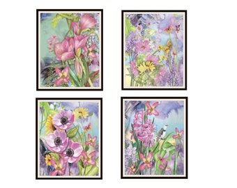 Set of 4 Watercolor Garden Art Print Posters  Set   Unframed 8 x 10" or 11 x 14", Watercolor Flowers, Flower Art, Country Home Prints,