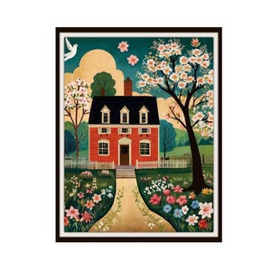 Printed Americana &quot;Colonial Summer Day&quot;, American Folk Art,  Museum Quality Giclee  Fine Art Reproduction,  Scenery Landscape, Unframed