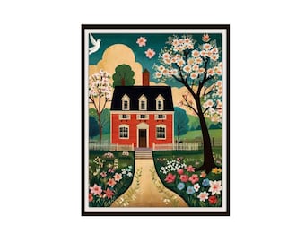 Tryckt amerikansk konst "Kolonial sommardag", amerikansk folkkonst, reproduktion av gicléekonst i museikvalitet, landskap, oramad