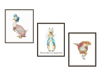 Set van 3 Victoriaanse Beatrix Potter Art Print Posters, "Zelfs de kleinste" Quote Kwekerij, Douche Cadeau, Baby's Room